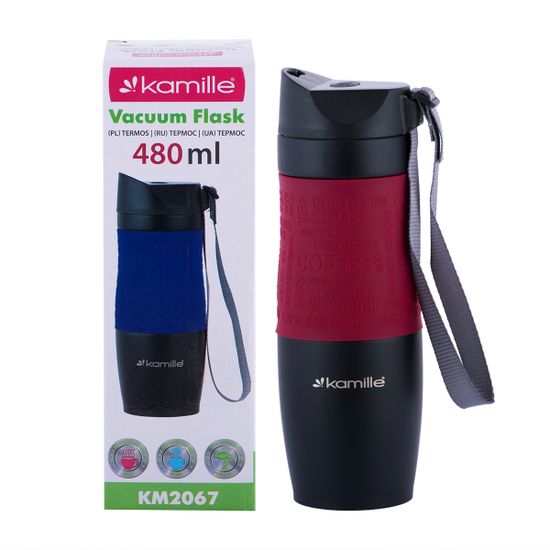 Термокружка 480 мл. из нержавеющей стали Kamille KM-2067 с TPR-вставкой и ремешком