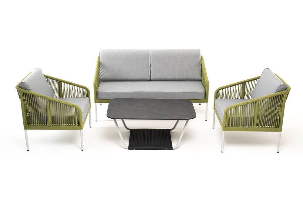 "Канны" лаунж-зона 4-местная из роупа со столом "Глория" (серый гранит), каркас алюминиевый светло-серый, роуп салатовый меланж