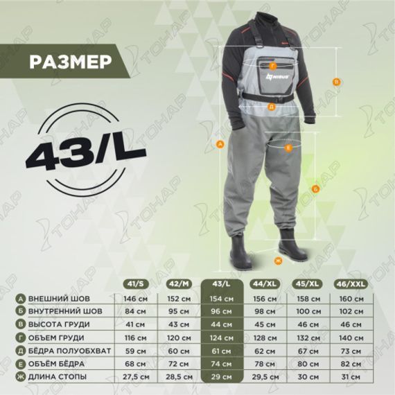 Вейдерсы мембранные River Guide 20000мм/3000г/м2/24ч с сапогами 43 (L) (N-WB-43L) NISUS