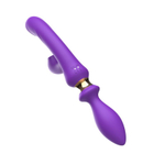 Фиолетовый двусторонний вибромассажёр с клиторальным отростком - 30 см.