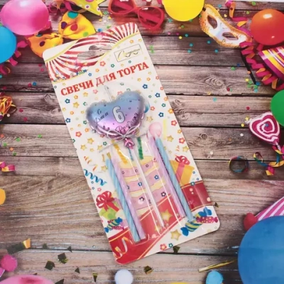 Свечи для торта Цифра Воздушное сердце «6» (свечи 8 см, сердце 5*13 см)