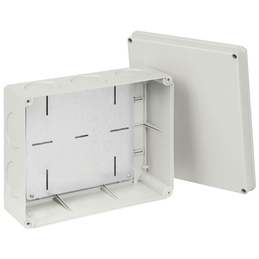 Распаячная коробка ЭРА KORvmp-240-195-90 ОП серая 240х195х90мм на винтах c монтажной панелью d25-3шт d32-2шт IP55