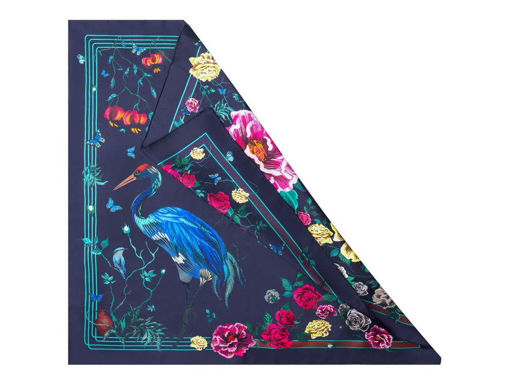 Шелковый платок 90x90 Mollen Журавль ежевично-черный