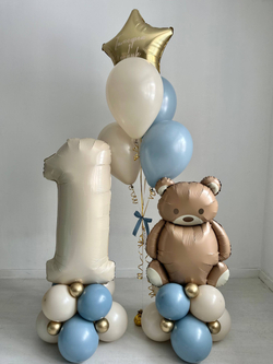 Воздушные гелиевые шарики с доставкой по Хабаровску Акция мишка золото/песок/пыльно голубой №4670