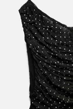 ZARA КРУЖЕВНОЙ КРОП-ТОП АСИММЕТРИЧНОГО КРОЯ, ЧЕРНЫЙ