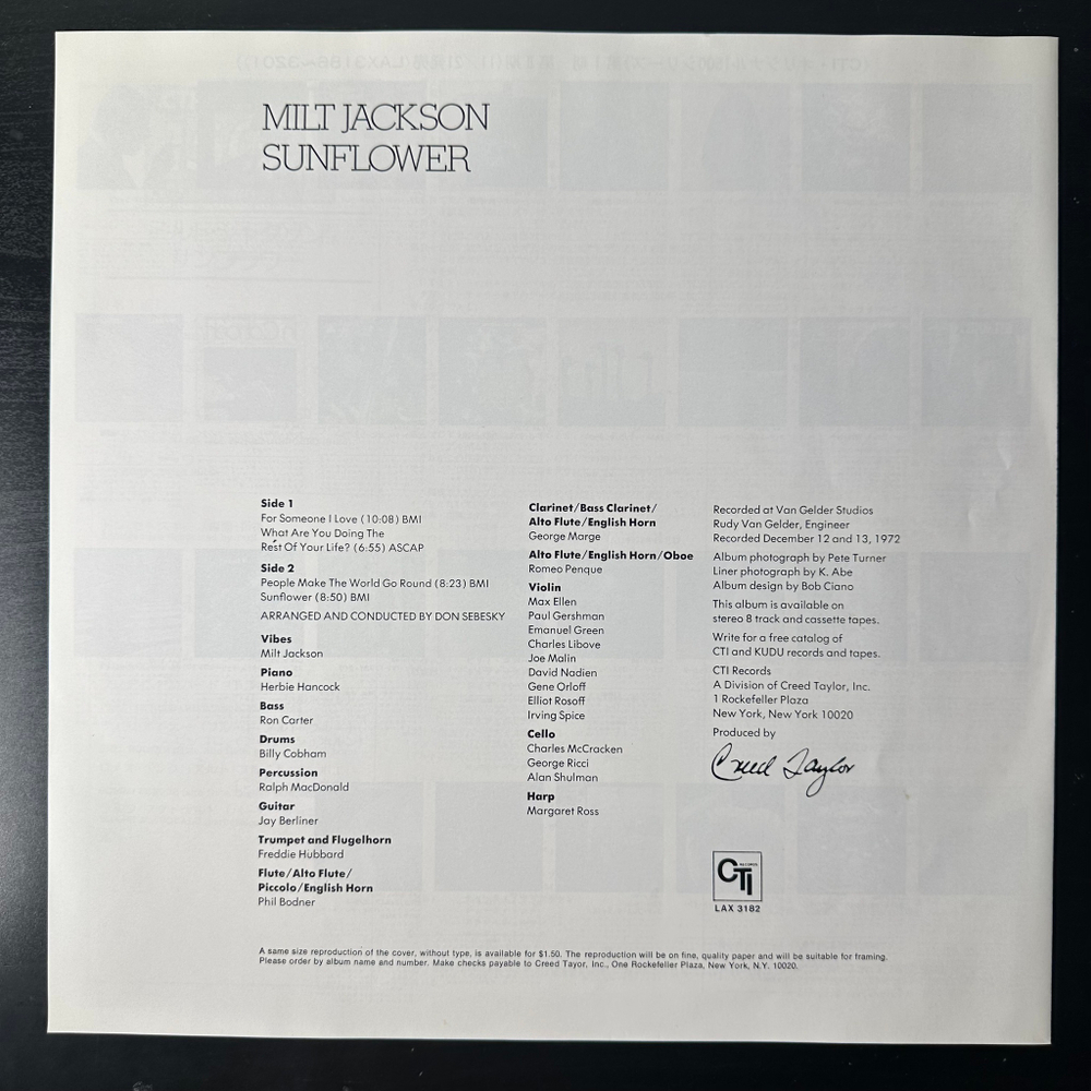 Milt Jackson ‎– Sunflower (Япония 1978г.)