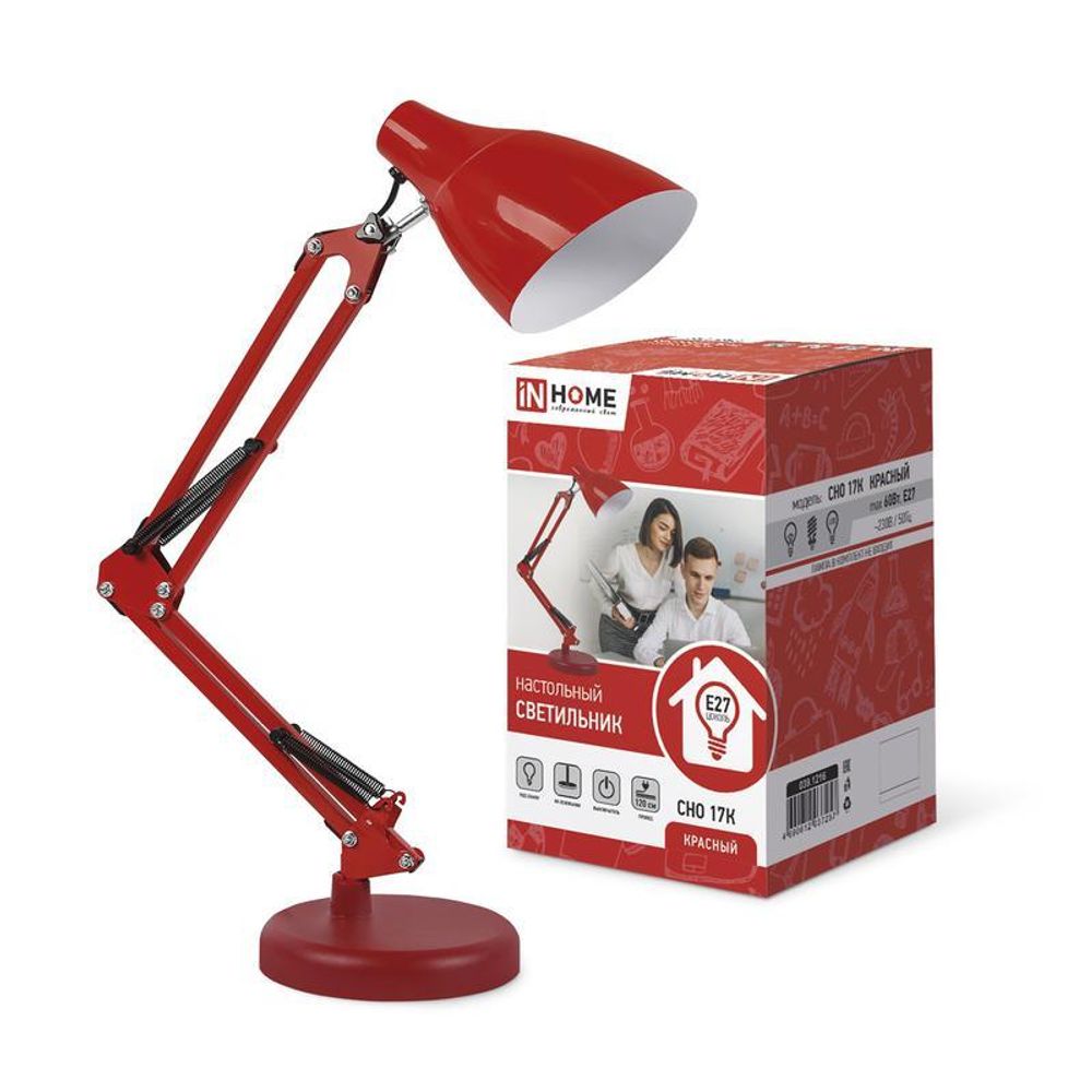 Светильник настольный СНО 17К 60Вт E27 230В под лампу на основании красн. (кор.) IN HOME 4690612037257 Светильник настольный СНО 17К 60Вт E27 230В под лампу на основании красн. (кор.) IN HOME 4690612037257