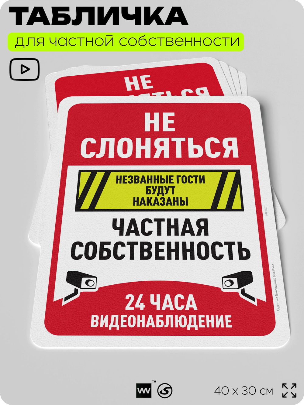 Табличка для частной территории "Не слоняться, частная собственность, видеонаблюдение 24 часа", на дом, для участка, предупреждающая, 40х30 см, Silver Plane x Айдентика Технолоджи