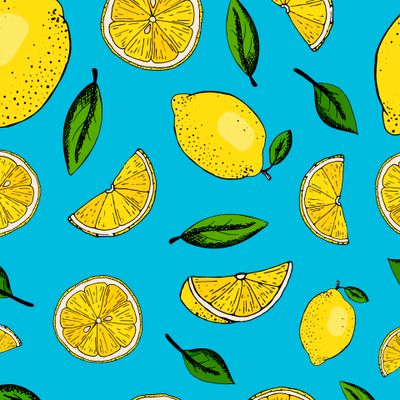 паттерн с лимонами и листьями на голубом фоне