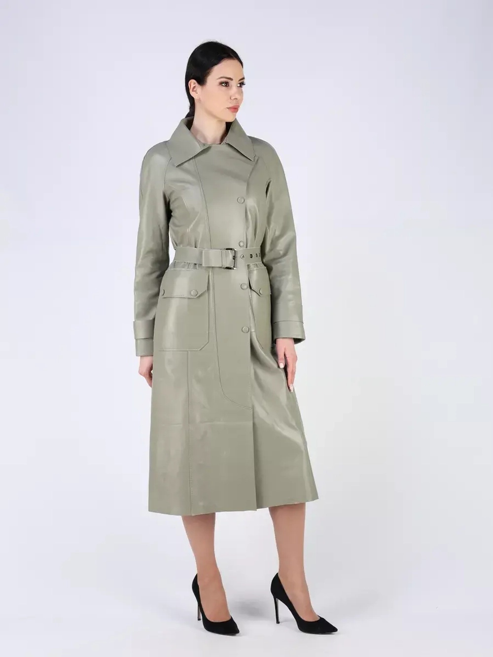 Кожаный тренч длинный с поясом плащ