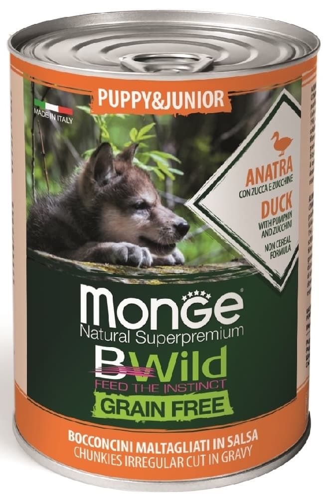 Влажный корм Monge Dog BWild GRAIN FREE для щенков из утки с тыквой и кабачками, банка 400 г Влажный корм Monge Dog BWild GRAIN FREE для щенков из утки с тыквой и кабачками, банка 400 г