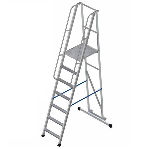 Лестница-платформа фиксированной высоты алюминиевая MEGAL ЛПФВА Н=1.8-8 пер. с трав. и шир. ступ.
