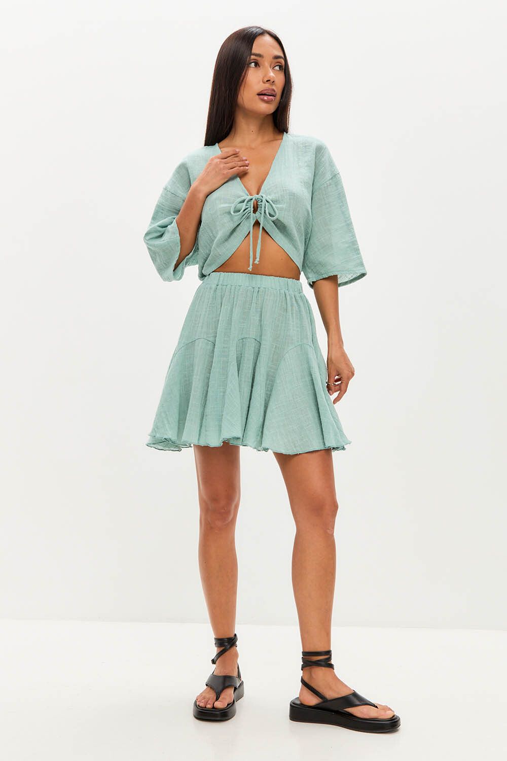 Юбка мини из хлопка stone wash мятного цвета