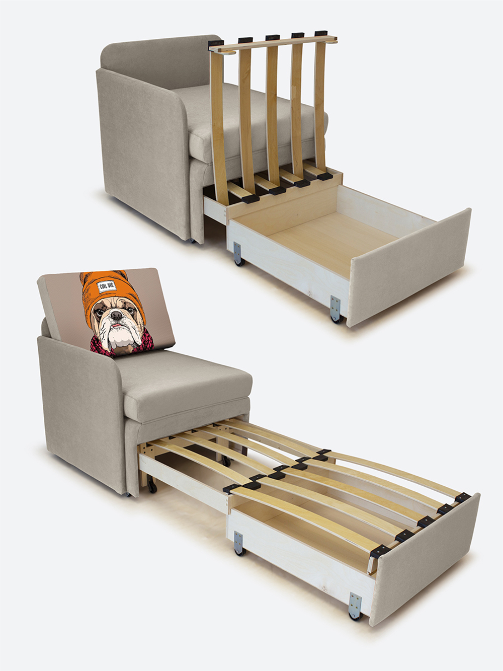 Кресло-кровать "Миник" с правым подлокотником, под правую руку, велюр Dream Beige, Бульдог