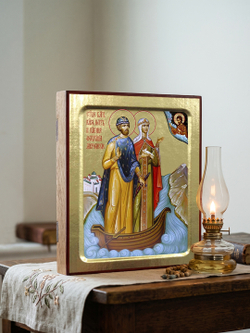 Икона Петра и Февронии Муромских, благоверных (в ладье) на дереве: 125 х 160 (Синопсисъ)