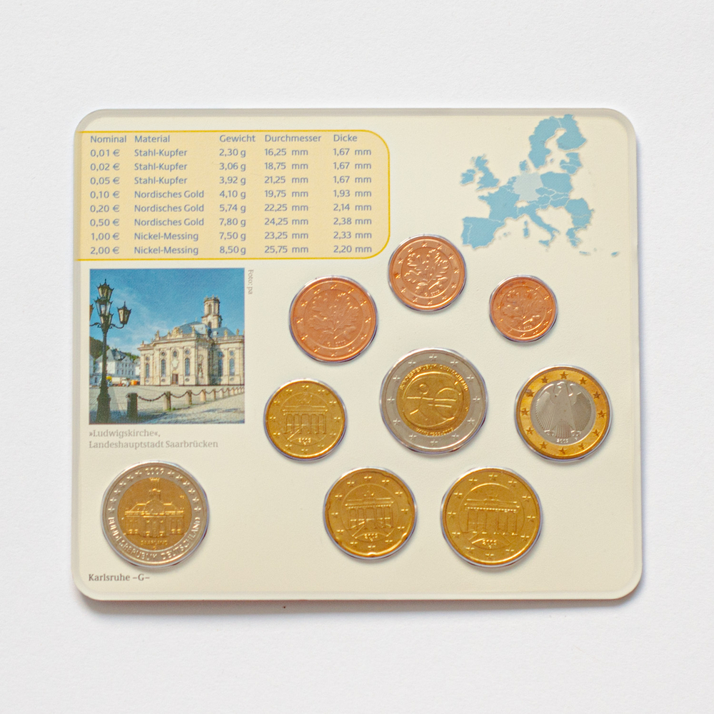 Germany 2009 Year Set (G: Karlsruhe) + 2 x 2 Euro: "Ludwigskirche in Saarbrücken" and "10th Anniversary of Economic and Monetary Union"