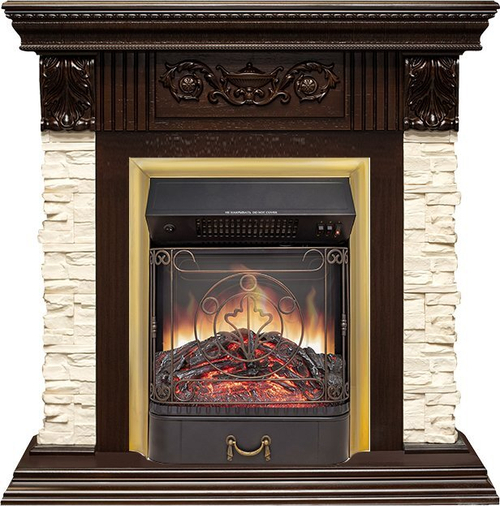 Каминокомплект Luxemburg (каменный) - Сланец/Темный дуб с очагом Majestic FX M Brass