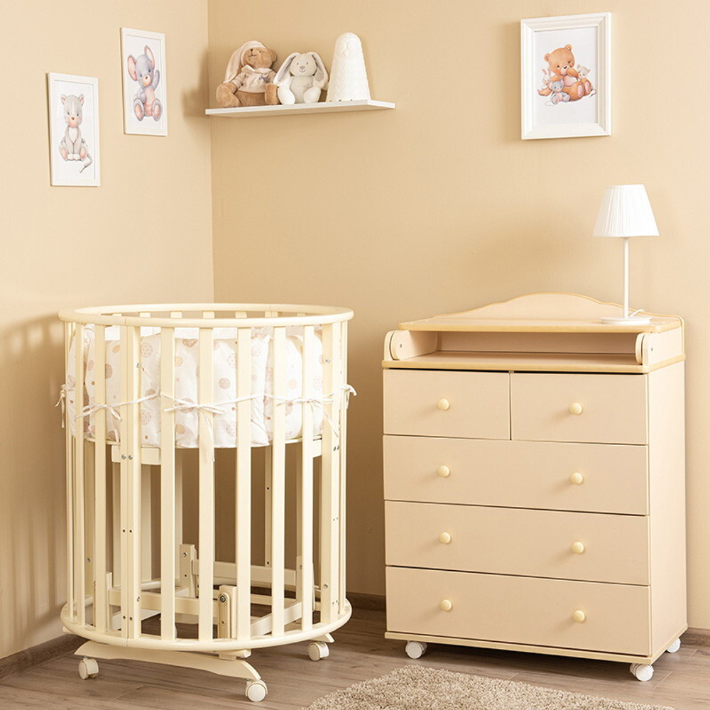 Кроватка-трансформер овальная Vikalex Лоди маятник на колёсах венге