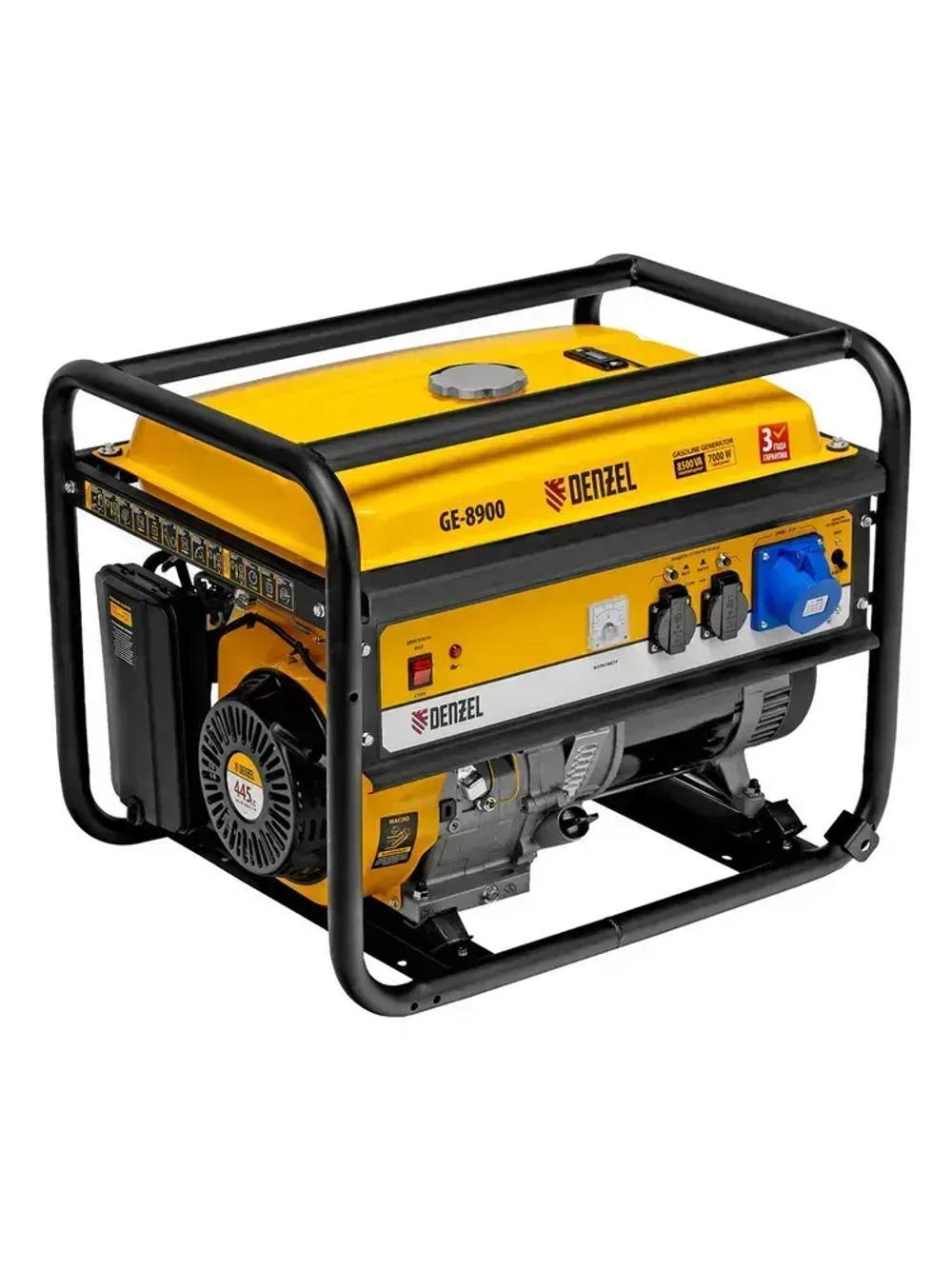 Генератор бензиновый DENZEL GE-8900, 8.5 кВт, 445 см3 объем двигателя, 220 В и 25 л объем топливного бака, ручной стартер и блок AVR, 3 розетки и датчик уровня масла 94639