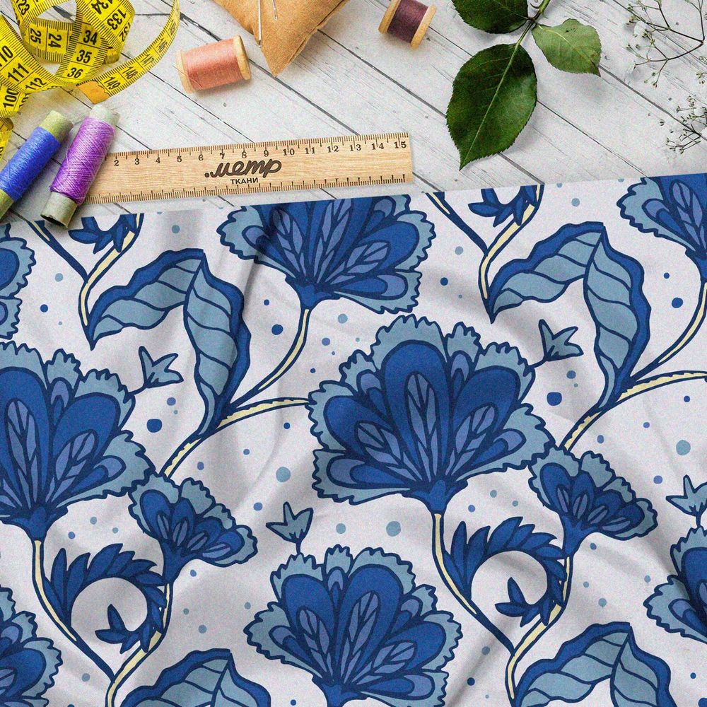 Ткань бифлекс синие цветы-перья на белом фоне