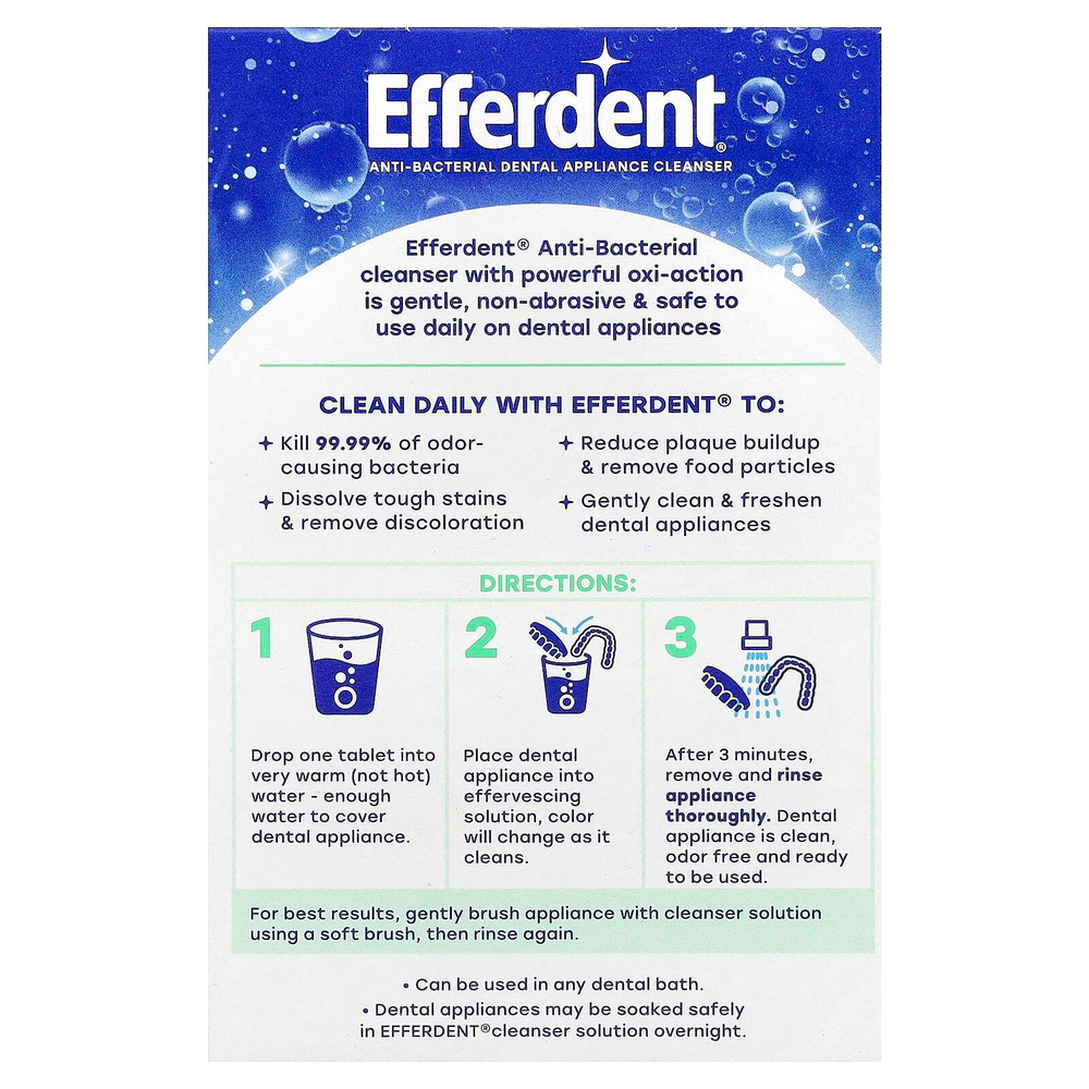 Efferdent, Антибактериальное очищающее средство для зубов, мятный свежий и чистый, 90 таблеток