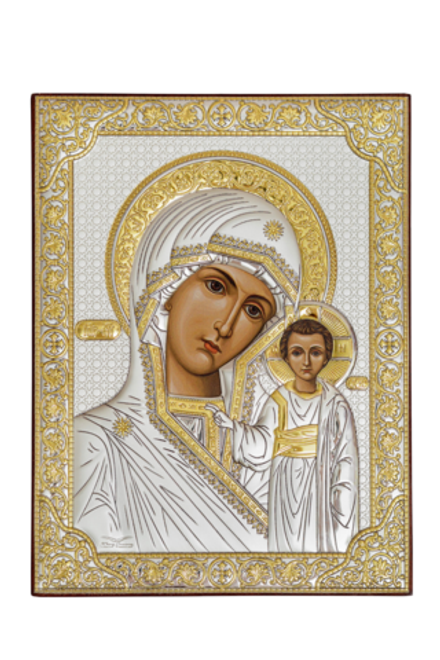 Икона Казанская БМ: 16х12, напыление серебром и золотом, Р-3, наст. с подс. (Греция)