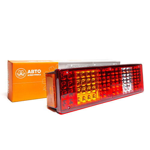 Фонарь задний, КамАЗ, МАЗ, УРАЛ, левый, светодиодный, с боковым габаритом, со светоотражателем, байонетный разъем по центру, с подсветкой номера, 24 В