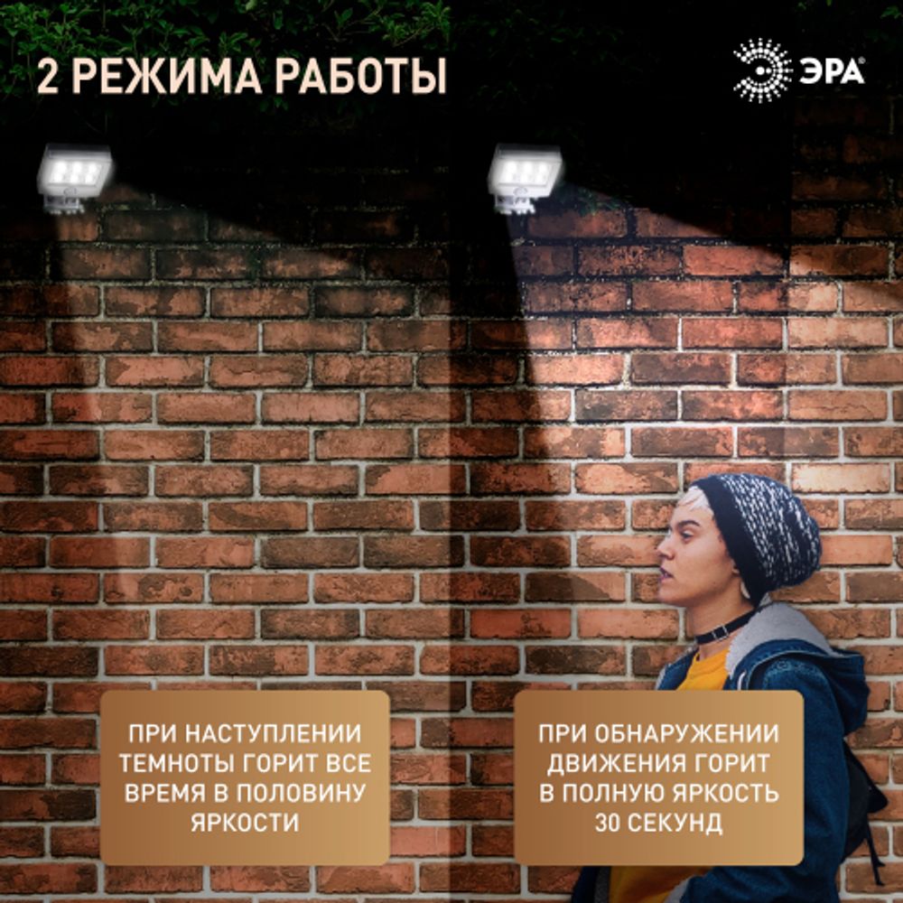 Светильник уличный ЭРА ERAFS024-07 настенный с датчиком движения c выносной солнечной батареей 6LED 150lm | Садовые фасадные светильники