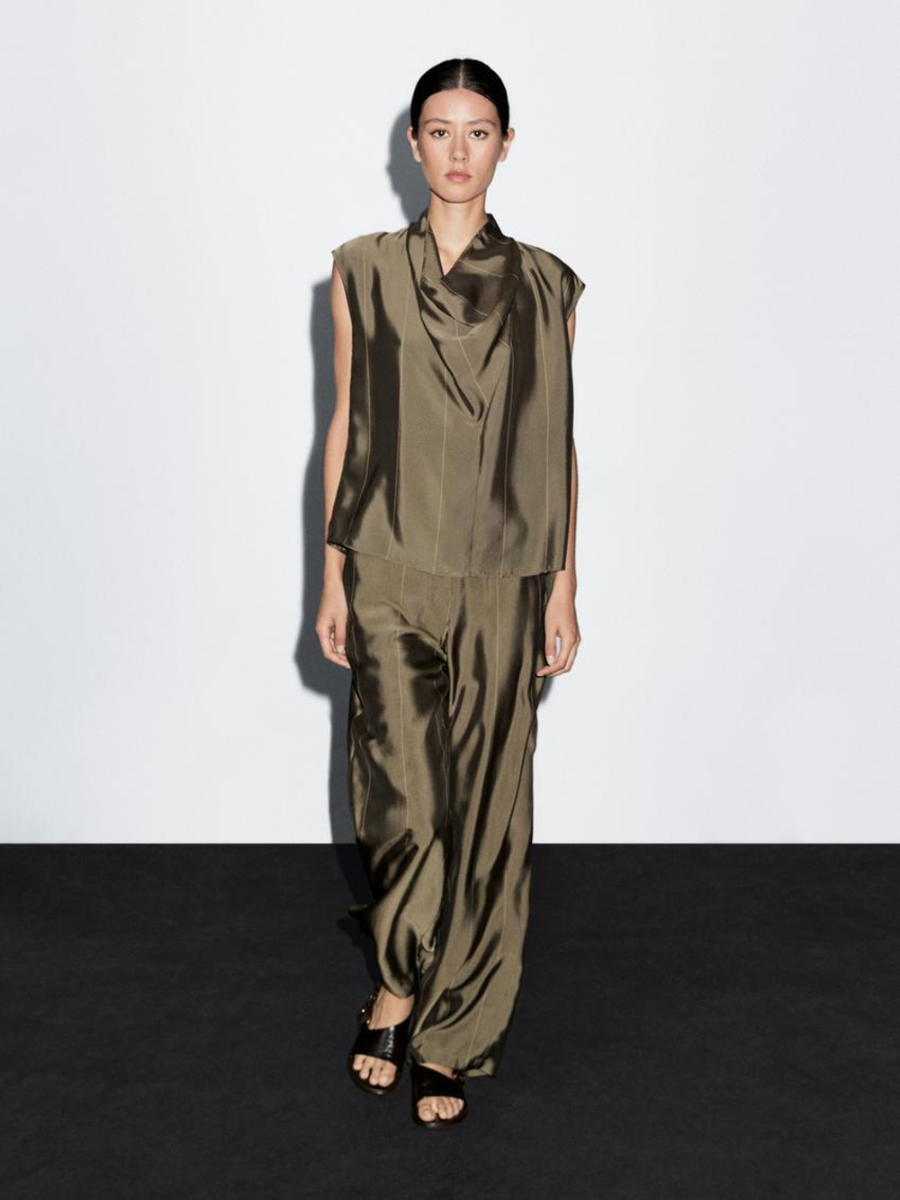 Massimo Dutti Блуза из струящейся ткани в полоску, хаки