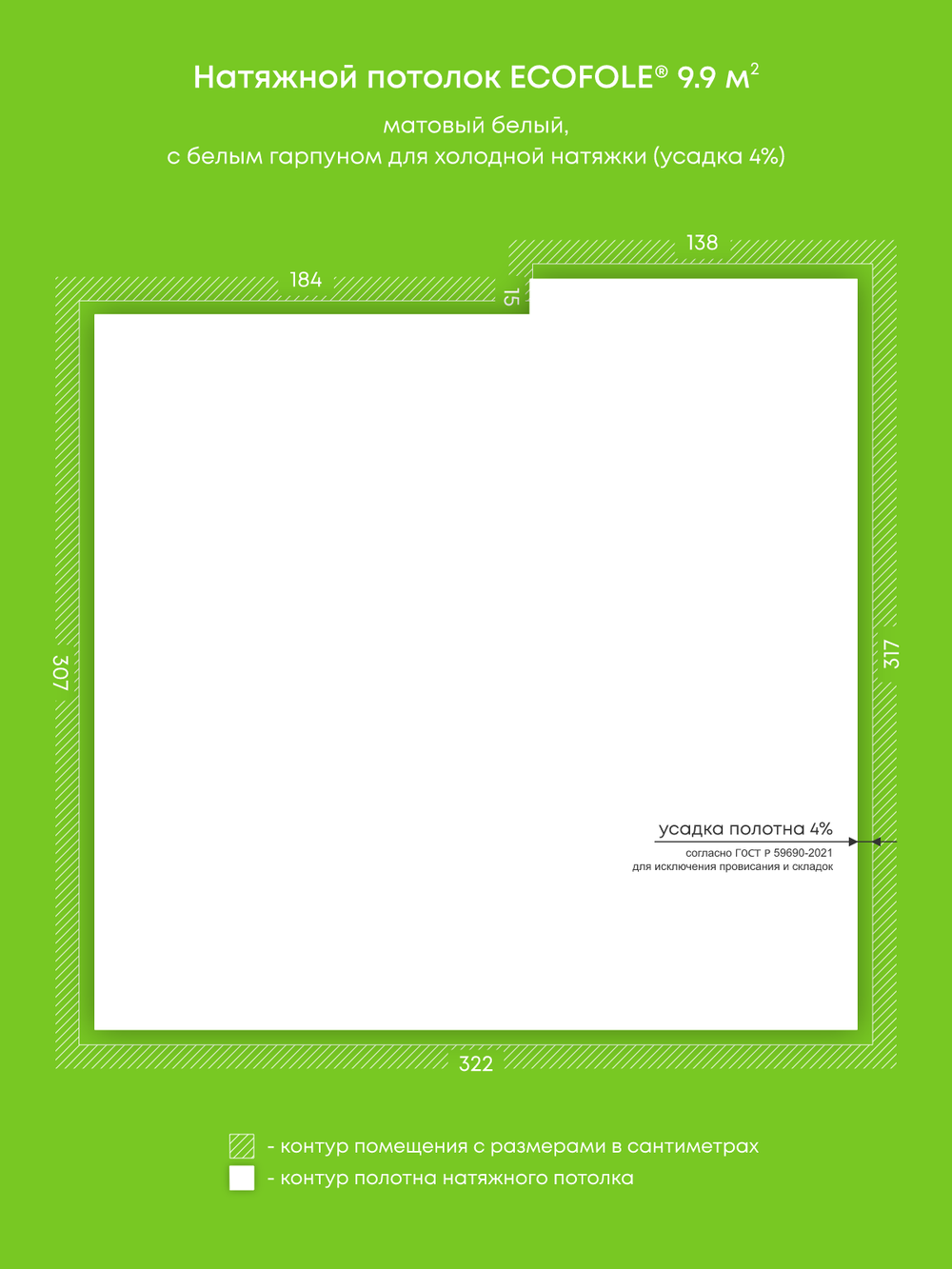 Матовый натяжной потолок 9.9 м2