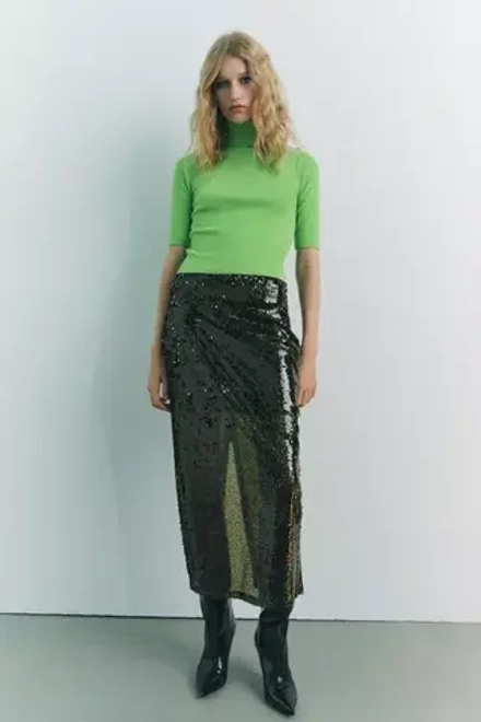 ZARA ТРИКОТАЖНЫЙ ТОП С ВЫСОКИМ ВОРОТНИКОМ, ЗЕЛЕНЫЙ
