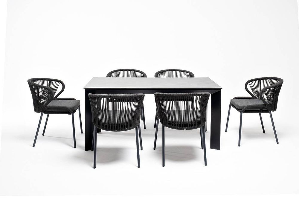 "Венето" обеденная группа на 6 персон со стульями "Милан", каркас темно-серый, роуп темно-серый