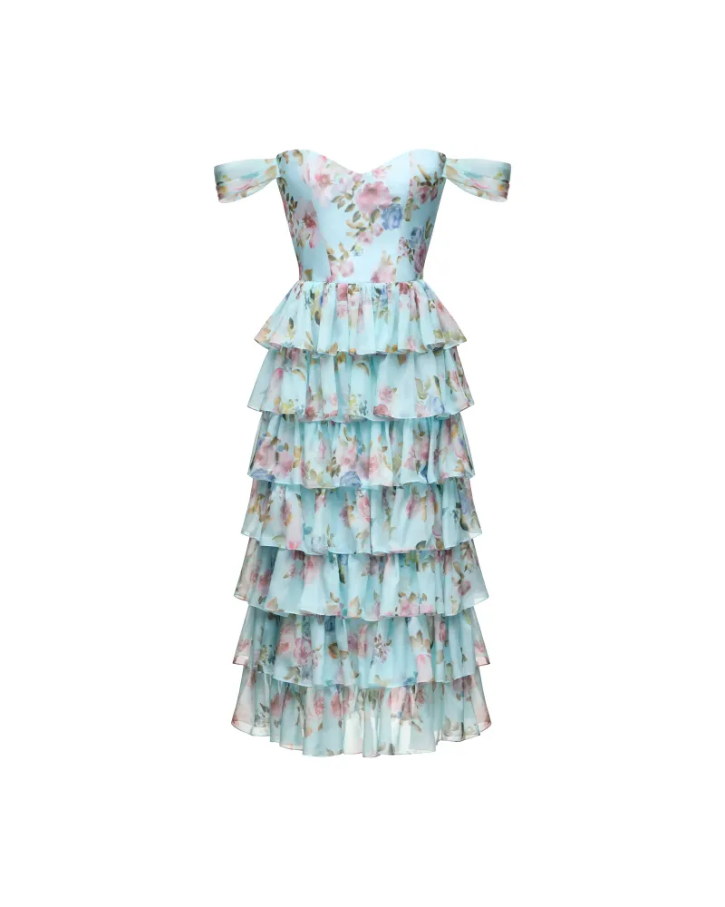 Лисен миди (Lisen midi), платье миди корсетное из голубого шифона с цветочным принтом