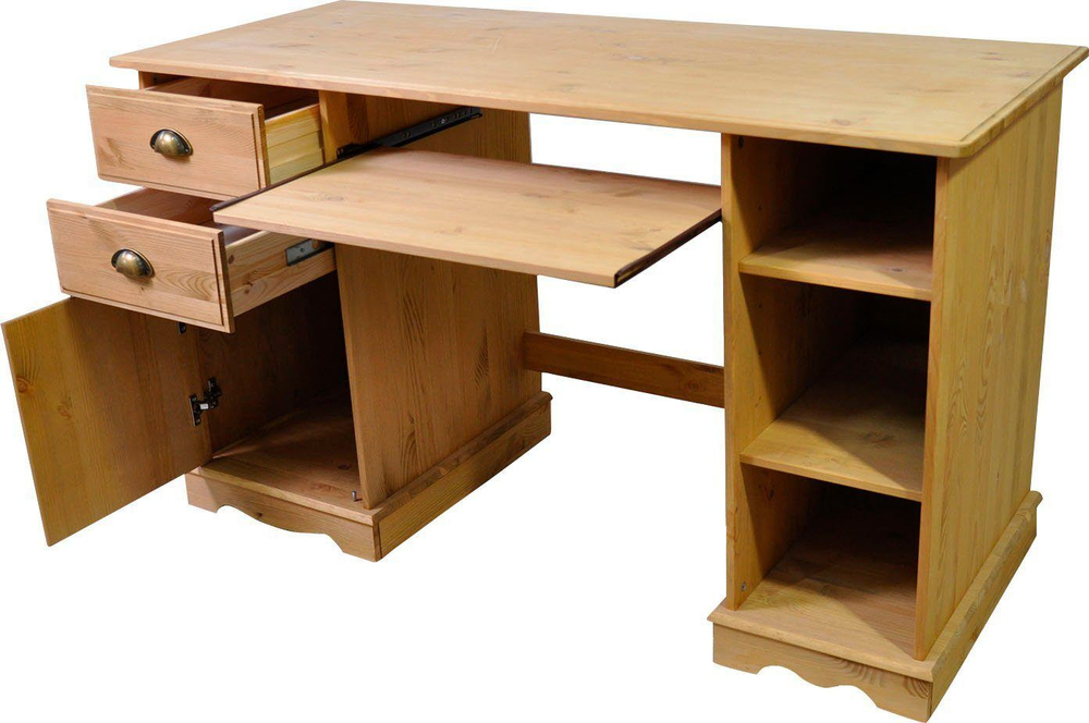 Письменный стол Клаудиа с ящиками, тумбой и полками из массива сосны, бейц