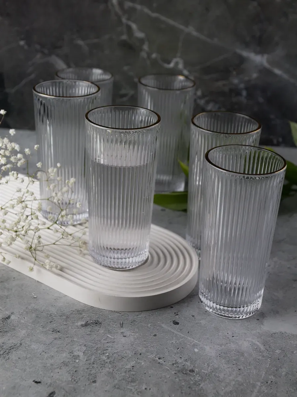 Ребристые бокалы для виски, 330 мл. 6 шт. с золотой каймой