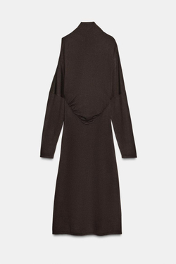ZARA ТРИКОТАЖНОЕ ПЛАТЬЕ МИДИ С ВЫРЕЗАМИ, КОРИЧНЕВЫЙ