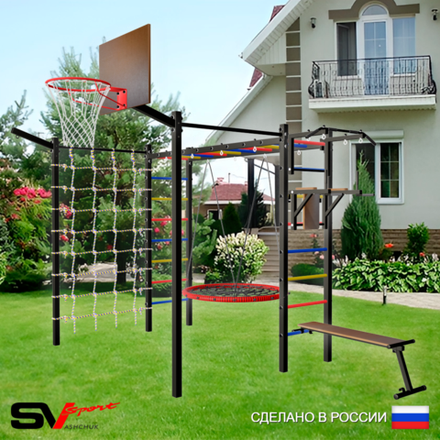 Уличная шведская стенка Sv Sport рукоход с комплектом турник прямой 2шт У5257К (Турник/Брусья/Скамья/Гнездо 80см/Щит баскет/Кронш бокс/Сетка)