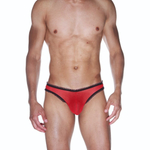 Мужские красные трусы-бразилиана с черной рюшевой отделкой (Размер: L-XL) (Цвет: красный с черным)