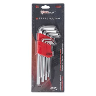 Набор ключей Г-образных 6-гранных длинных CR-V, 9пр. (1.5,2,2.5,3-6,8,10мм), на пластиковом держателе FORCEKRAFT FK-5093L