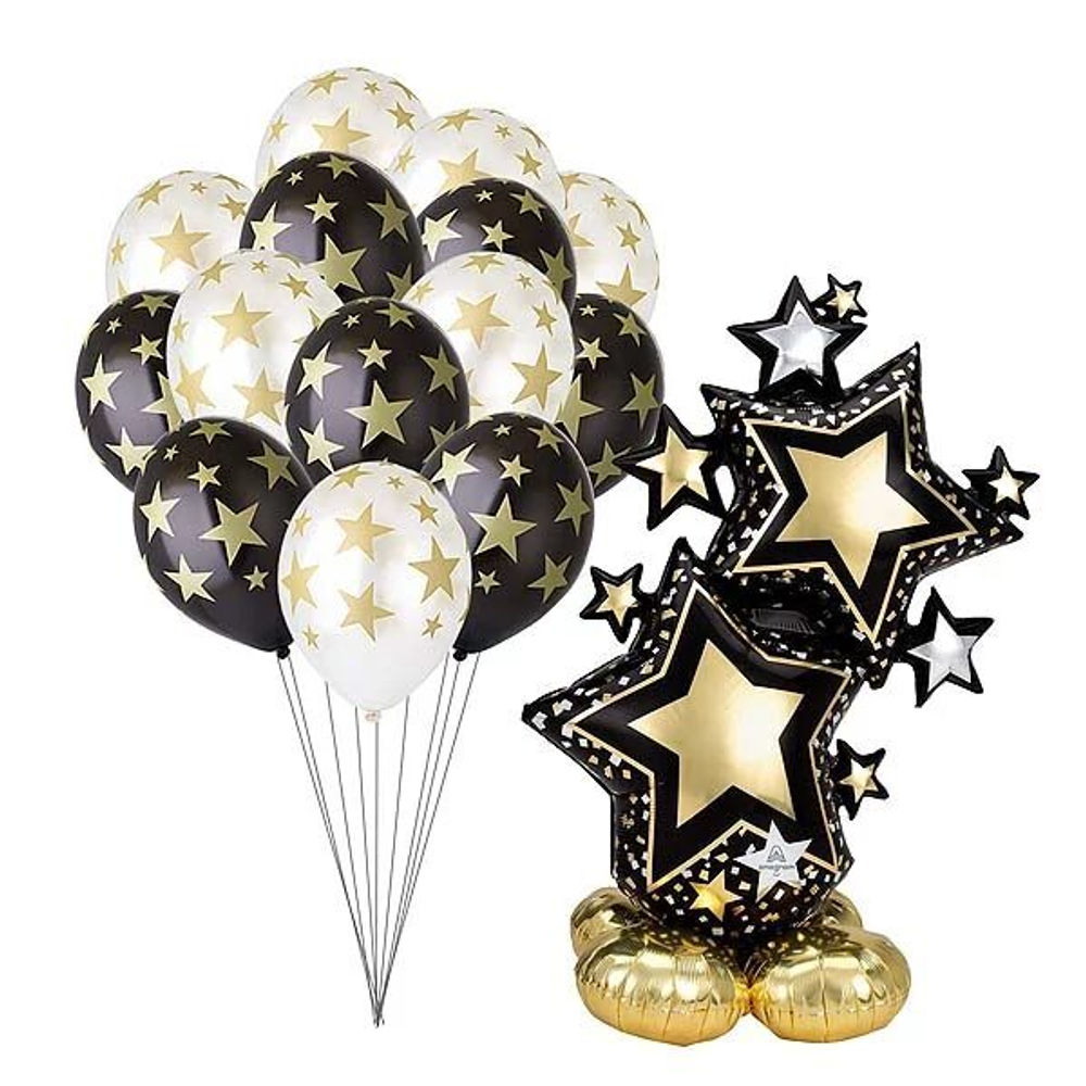 Композиция из шаров, черно золотые звезды