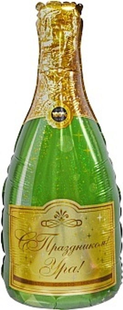 Шар (37&#39;&#39;/94 см) Фигура, Бутылка Шампанское, С Праздником!, Голография, 1 шт.