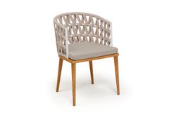 "Диего" стул плетеный из роупа, основание дуб каркас из стали белый муар, роуп бежевый круглый, ткань бежевая 052