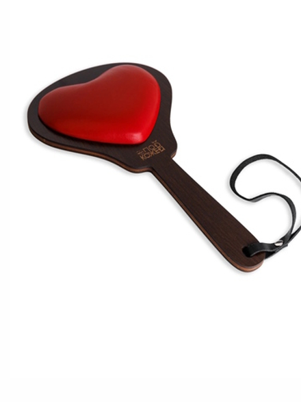 Паддл с мягким сердечком красный из натуральной кожи и дерева - 33 см
