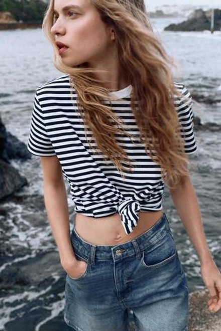 ZARA ФУТБОЛКА INTERLOCK,  ЧЕРНЫЙ/БЕЛЫЙ