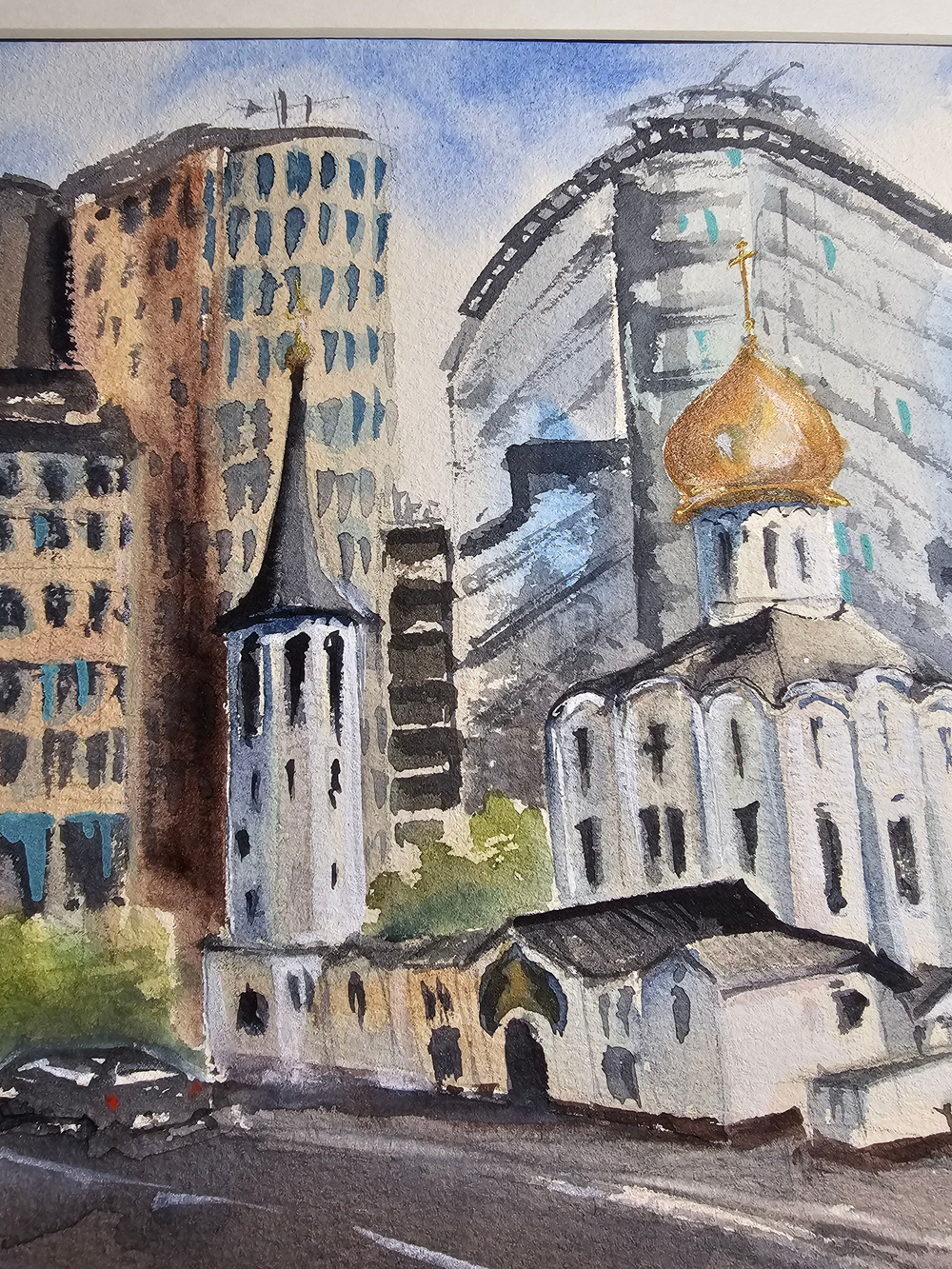 Картина авторская акварельная в паспарту 30х40 см на стену для интерьера "Белая площадь"