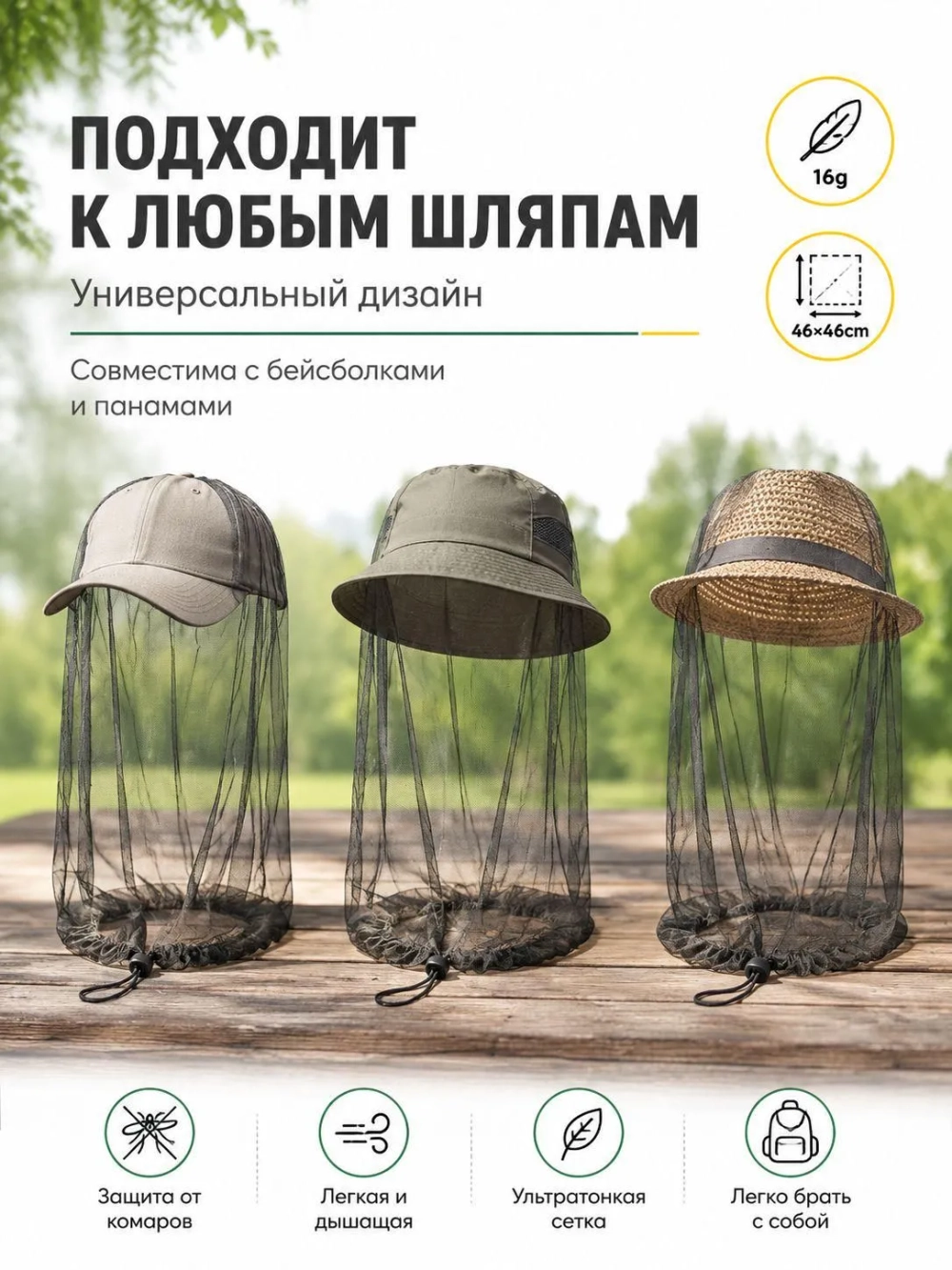 Накомарник на голову, москитная сетка от комаров, клещей