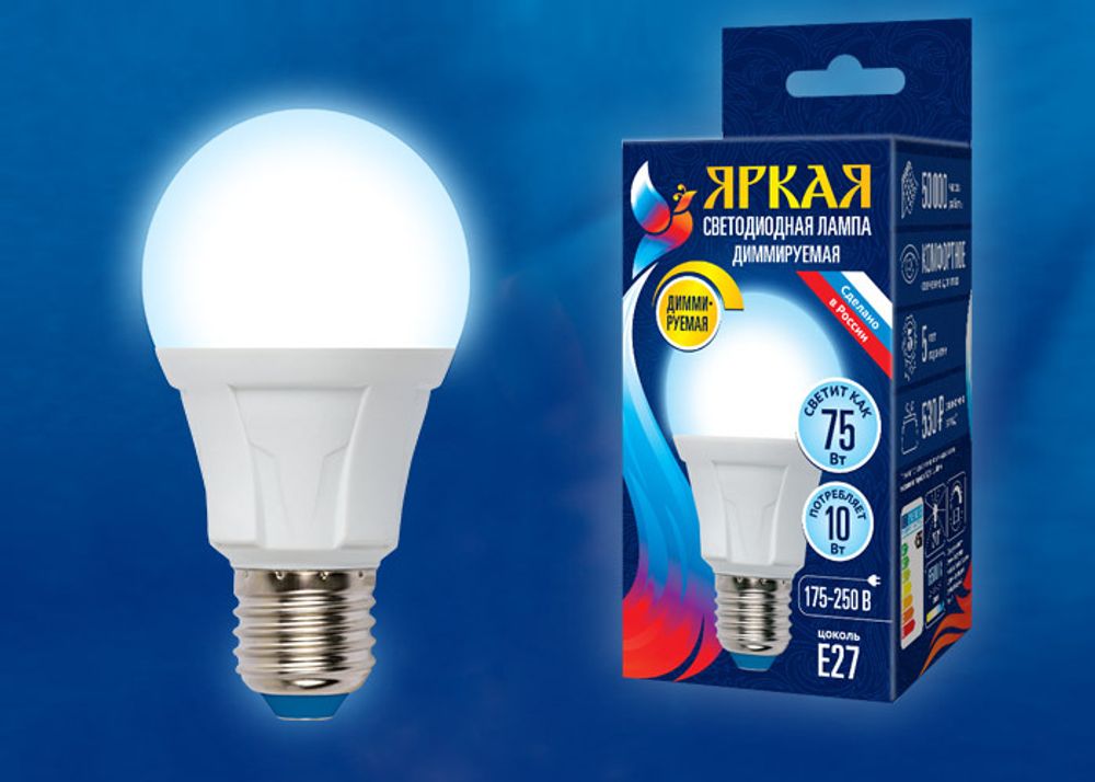 LED-A60 10W/6500K/E27/FR/DIM PLP01WH Лампа светодиодная, диммируемая. Форма «А», матовая. Серия Яркая. Дневной свет (6500K). Картон. ТМ Uniel.