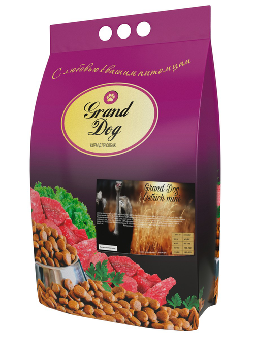 Grand dog корм сухой для взрослых собак мелких пород мясо страуса