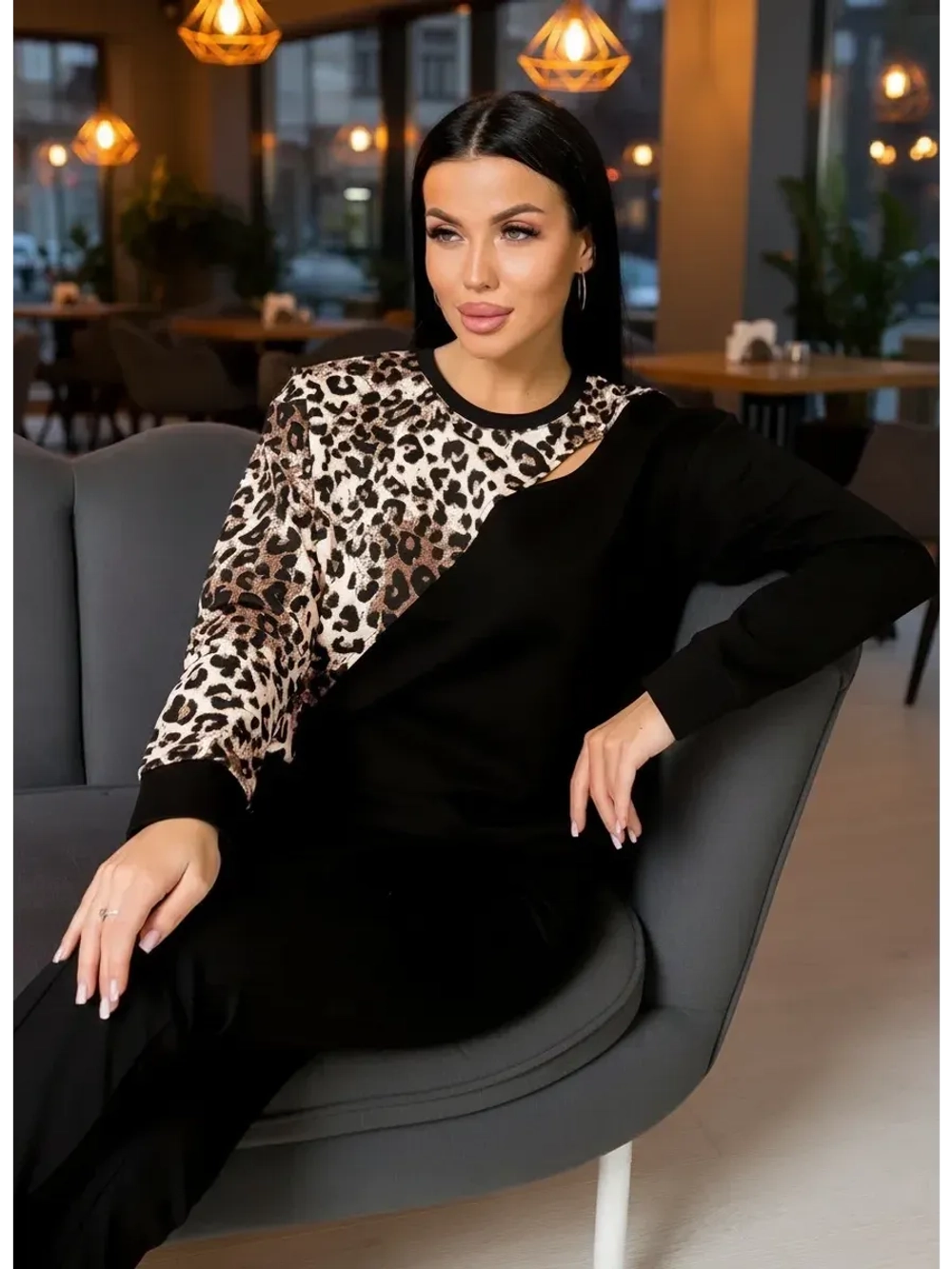 Свитшот оверсайз без начеса леопардовый больших размеров