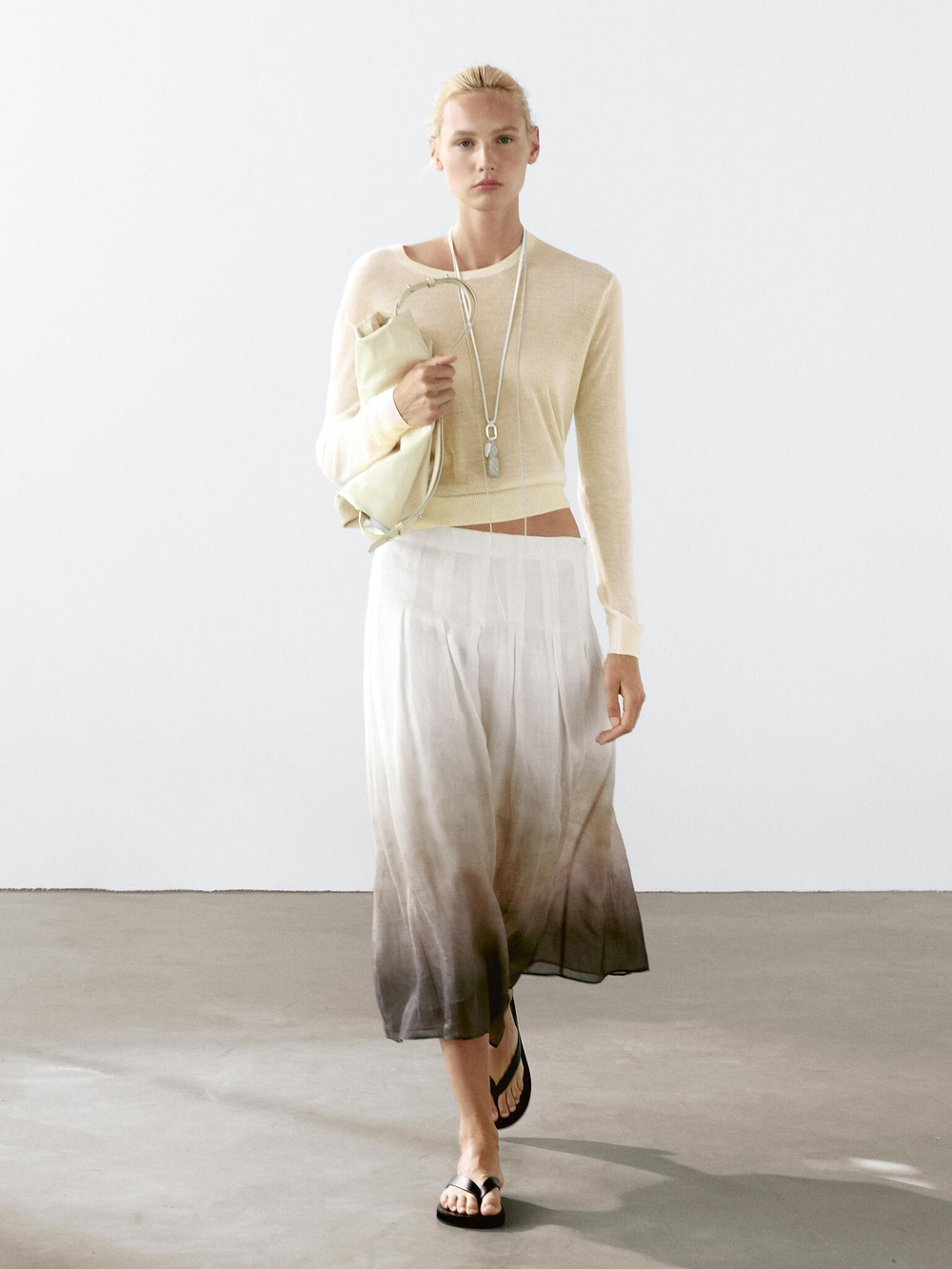 Massimo Dutti Юбка миди с плиссировкой и принтом омбре, бело-коричневый